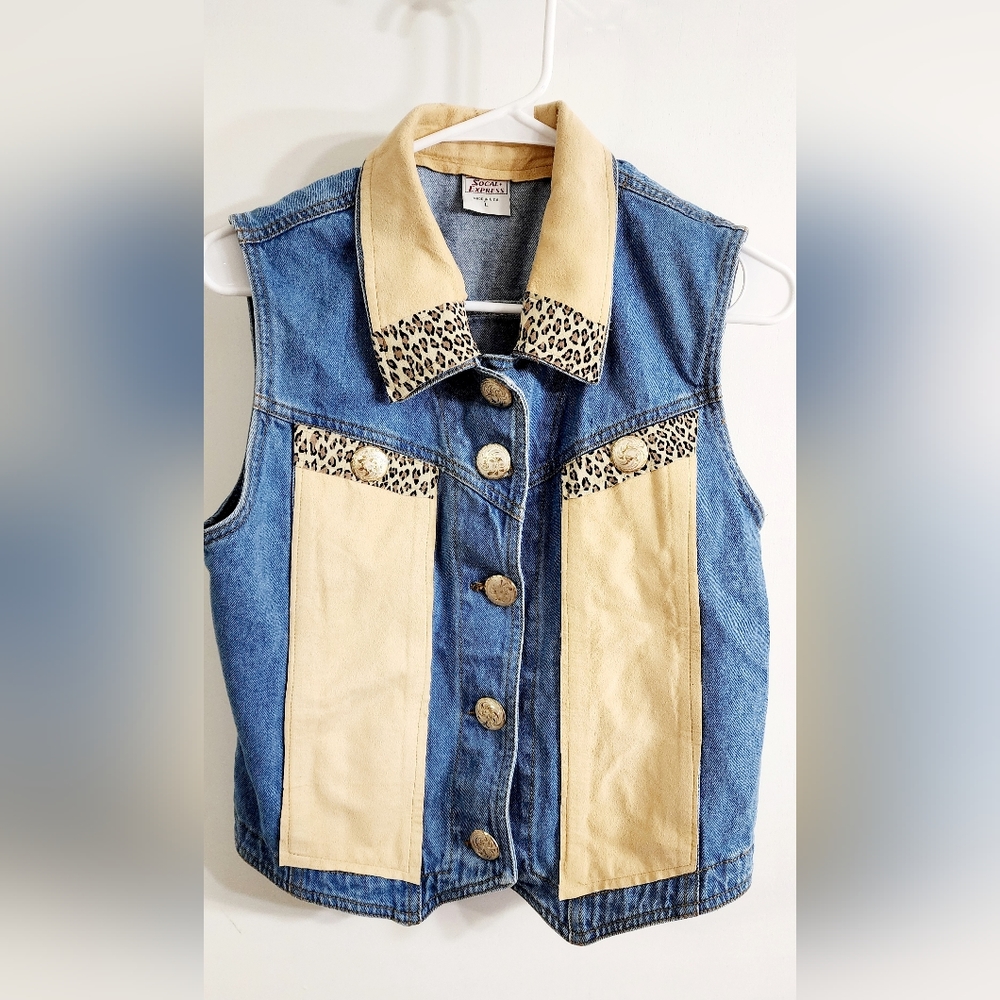 Denim and leopard print vest